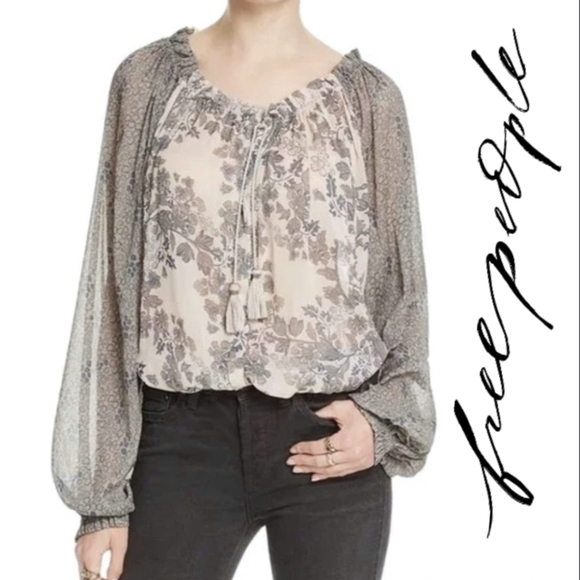 Free People Peasant Top Size Small Blouse Hendrix Print Oversized Flowy - Picture 1 of 8